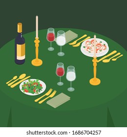 Romantic dinner in restaurant set. Isometric vector illustration in flat design.