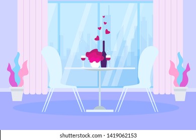 Romantic Dinner, Restaurant Table and Chair, Wine Bottle Glasses Flower near Window Vector Illustration. Cafe or Home Kitchen Room Interior. Dating Indoors, Valentines Day, Anniversary Celebration