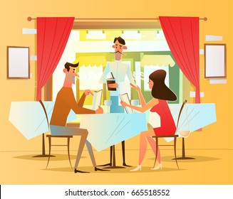 A romantic dinner in the restaurant. The waiter serves visitors .Vector illustration