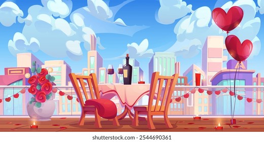 Romantic dinner in rooftop restaurant with cityscape view. Vector cartoon illustration of wine bottle and glasses on table, heart shape air balloons on building roof, cityscape view with skyscrapers