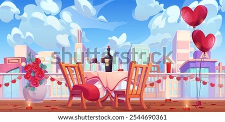 Romantic dinner in rooftop restaurant with cityscape view. Vector cartoon illustration of wine bottle and glasses on table, heart shape air balloons on building roof, cityscape view with skyscrapers