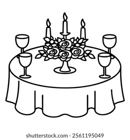 Romantic Dinner with Roses Line Art.