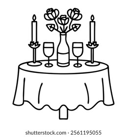 Romantic Dinner with Roses Line Art.