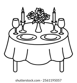 Romantic Dinner with Roses Line Art.