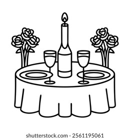 Romantic Dinner with Roses Line Art.