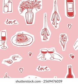 Romantic dinner seamless pattern with cut out elements. Design for Valentines Day in traditional colors