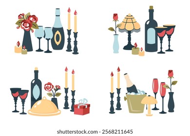 Romantic dinner set. Love composition for Valentine day, party, holiday. Romantic setting for two. Dinner time with vintage lamp, wine, glasses, champagne, ice bucket, flowers, candle, cutlery. Vector