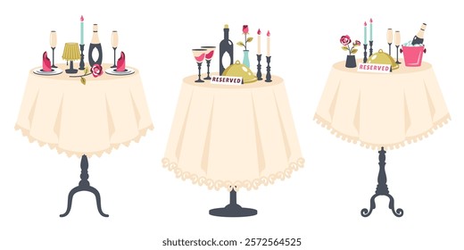 Romantic dinner set. Reserved tables for two. Romantic tables isolated. Table with tablecloth, cutlery, glasses, champagne, flowers, wine, candles. Romantic setting. Vector 