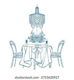 Romantic dinner set, served elegant table, Valentine holiday lunch, coquettish decoration tablecloth. Restaurant anniversary celebration doodle, wine glass, candles, flower. Hand drawn romantic dinner