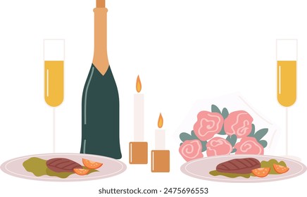 Romantic dinner setting steak plates, champagne bottle, glasses, roses bouquet. Candles lit celebrating intimate occasion, luxury dining cuisine. Elegant meal date, love expression, feast