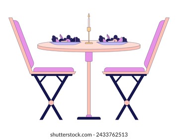 Romantic dinner table chairs 2D linear cartoon object. Restaurant meal plates by candlelight isolated line vector element white background. Date night. Candle light dinner color flat spot illustration