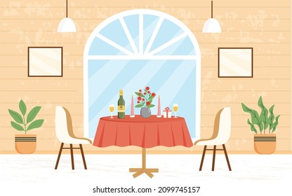 Romantic dinner table. Reserved table at restaurant for two people. Valentine day. Table with bottle of wine, two wine  glases, flowers, candels, gift. Modern restaurant, cafe interior. 