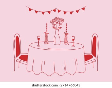 Romantische Dinnertischszene mit Kerzen und Blumen im Doodle handgezeichnet für Hochzeitseinladungen, Valentinstag, Café-Menüs und Partys. Vektor rosa und rote Liebesgrafik
