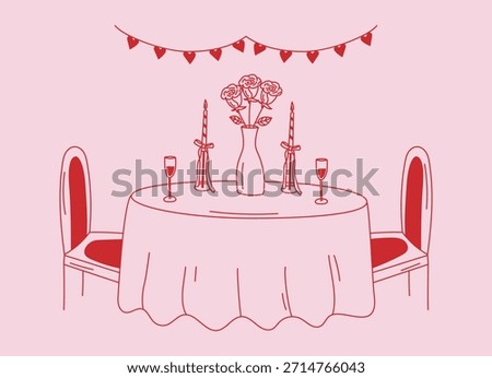 Romantic dinner table scene with candles and flowers in doodle hand drawn style for wedding invitations, Valentines day, cafe menus and parties. Vector pink and red love illustration