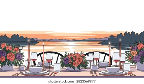 Romantic dinner table setting with floral centerpieces and lit candles overlooking a sunset lake view for luxury event and restaurant marketing.