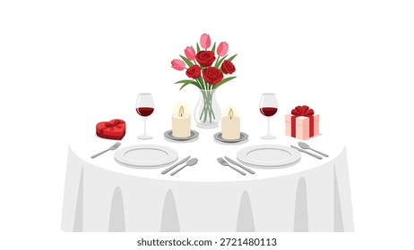 Romantic dinner table setting with a white tablecloth, a bouquet of red flowers, candles, plates, wine glasses, and gifts for two.