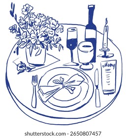 Romantic Dinner Table Setting with Wine, Candles and Flowers. Hand Drawn Line Illustration for Wedding Invitations, Menus, Love-Themed Cards and Restaurant Branding