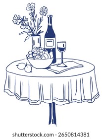 Romantic Dinner Table Setting with Wine, Candles and Flowers. Hand Drawn Line Illustration for Wedding Invitations, Menus, Love-Themed Cards and Restaurant Branding