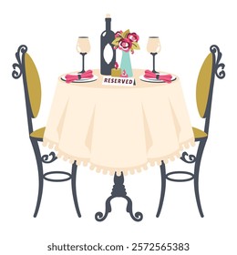 Romantic dinner. Table with tablecloth. Restaurant reservation. Vintage table and chairs with Romantic setting. Table for two with bottle of wine, flowers, glasses, cutlery. Vector flat illustration