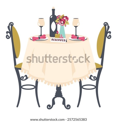 Romantic dinner. Table with tablecloth. Restaurant reservation. Vintage table and chairs with Romantic setting. Table for two with bottle of wine, flowers, glasses, cutlery. Vector flat illustration