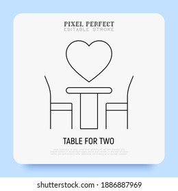Romantic dinner: table for two at Valentine's day. Pixel perfect, editable stroke. Thin line icon. Vector illustration.