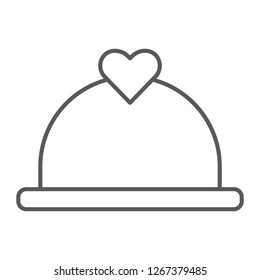 Romantic dinner thin line icon, valentine and love, heart over dish sign, vector graphics, a linear pattern on a white background, eps 10.