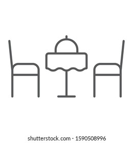 Romantic dinner thin line icon, valentine and holiday, table with chairs sign, vector graphics, a linear pattern on a white background, eps 10