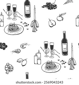 Romantic dinner for two seamless pattern. Different drinks and food hand drawn design for textile, fabric, wrapping paper, gift paper