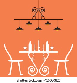 Romantic dinner for two with table and two chairs, candle, lamp,vector illustration