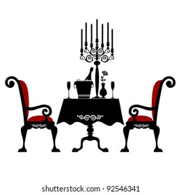 Romantic dinner for two with table and two chairs, candle and champagne, vector illustration isolated on white background