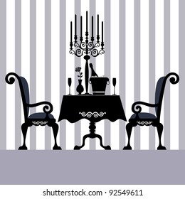 Romantic dinner for two with table and two chairs, candle and champagne, vector illustration