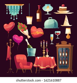 Romantic dinner in Valentines day for couple. Vector cartoon set of restaurant furniture, flowers, wine bottles and glasses, candles and heart shape balloons isolated on dark background