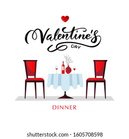 Romantic dinner for Valentine's Day. A table with a white tablecloth, served with glasses, wine and porcelain Flat vector style dinner illustration with lettering