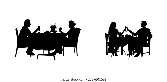 Romantic dinner vector, couple vector valentine silhouettes