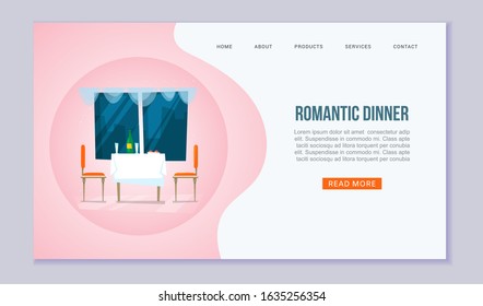 Romantic dinner vector website template. Dining table for date, glasses of wine, food, window with night sky and chairs. Flat style illustration for web page to order romantic dinner at restaurant.