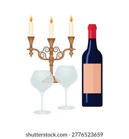 Romantic dinner vector with wine bottle, glasses and candle holder on table