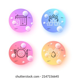 Romantic dinner, Wash hands and Discounts calendar minimal line icons. 3d spheres or balls buttons. Business meeting icons. For web, application, printing. Love food, Skin care, Sale month. Vector