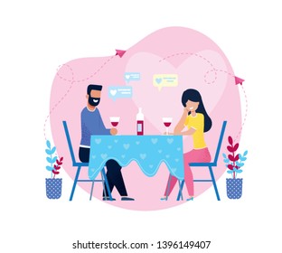 Romantic Dinner with Wine in Restaurant or at Home. Cartoon Couple in Love, Lovers, Man and Woman, Wife and Husband, Girlfriend and Boyfriend Sitting in Cafe. Dating Vector Flat Illustration