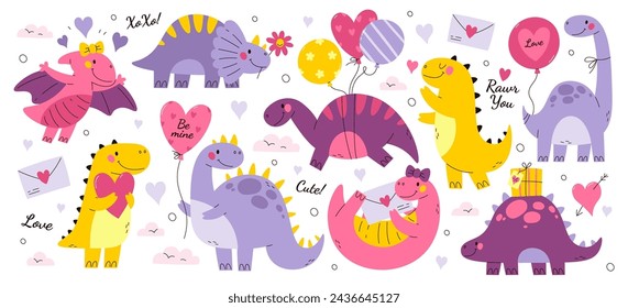 Romántico dinosaurio lindos personajes coloridos estampados conjunto. Monstruos encantadores enviando adoración y amor ilustración vectorial. Simple salvaje animales prehistóricos elemento de diseño infantil doodle colección