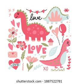 Romantic dinosaur. Cute pink doodle dino collection hand drawn simple prehistoric animals for girl childish prints and design. Flowers, leaves and love lettering for valentines day vector cartoon set