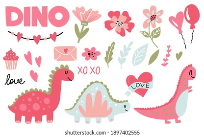 Romantic dinosaur. Cute pink doodle dino collection hand drawn simple prehistoric animals for girl childish prints and design. Flowers, leaves and love lettering for valentines day vector cartoon set