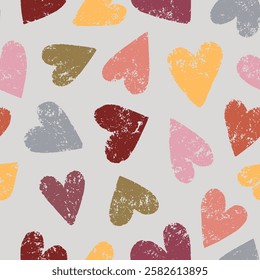 Romantic Distressed Heart Seamless Pattern with Handcrafted Look for Valentines Day in Warm Earthy Colours