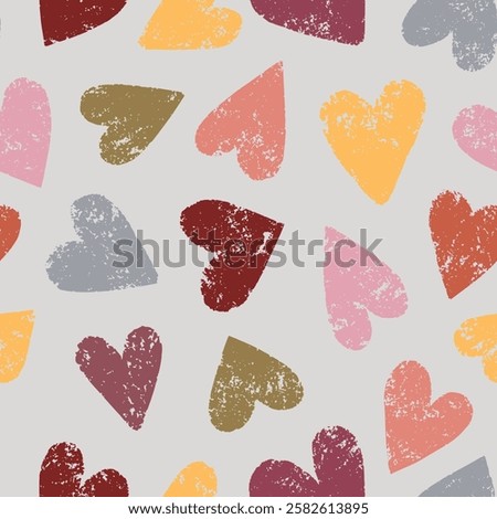 Romantic Distressed Heart Seamless Pattern with Handcrafted Look for Valentines Day in Warm Earthy Colours