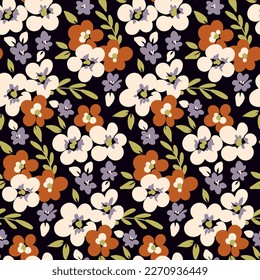 Romantic ditsy print with vintage design. Seamless pattern, cute floral background with delicate small flowers, leaves, hand drawn plants on a dark field. Vector illustration.