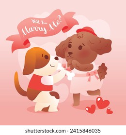 Romantisches Hunde-Coupé-Engagement: Fragen nach Hochzeit, Vektorgrafik, Illustration