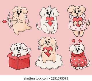 Romantic dogs. Collection cute pets with heart, in gift box and funny winged puppy cupid with arrow and bow on cloud. Vector illustration in color doodle style. Isolated funny animals 