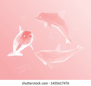Romantic Dolphin. Set of Pink Dolphins and Ocean Pollution on Feminine Background. Low Poly Valentines Vector 3D Rendering