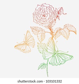 Romantic doodle background with rose and butterfly,vector illustration