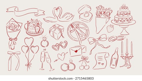 romantic doodle clipart set features hand-drawn wedding and Valentine’s Day elements, including rings, cakes, flowers, swans, balloons, champagne glasses, gifts, bows, candles, envelopes, and decorati