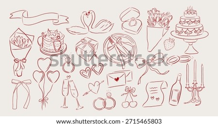 romantic doodle clipart set features hand-drawn wedding and Valentine’s Day elements, including rings, cakes, flowers, swans, balloons, champagne glasses, gifts, bows, candles, envelopes, and decorati